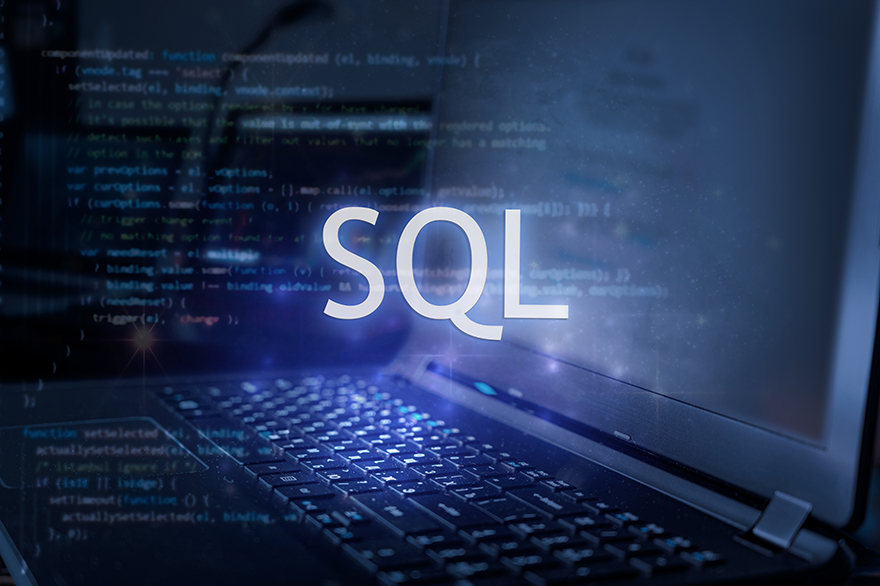 SQL inscription against laptop and code background. Learn sql programming language, computer courses, training.